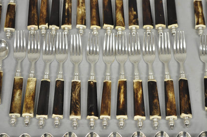 Vintage Hollywood Regency Faux Horn Handle Silver Flatware (5 pc) Set Svc for 12
