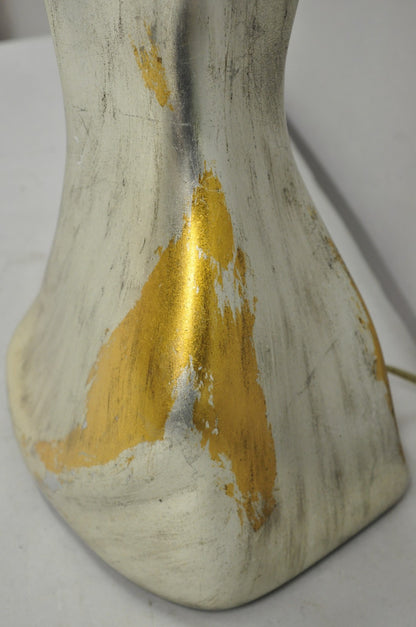 Vintage Brutalist Silver Gold Leaf Sculptural Ceramic Large Abstract Table Lamp