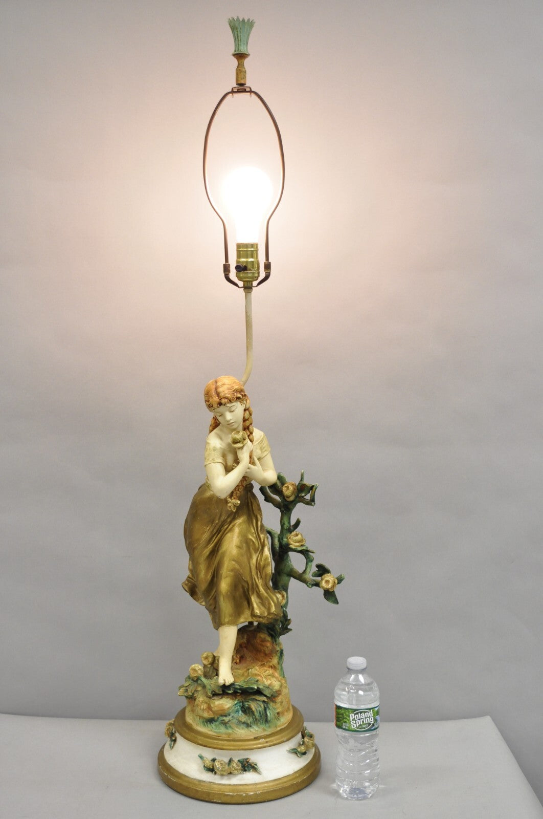 Antique L&F Moreau Spelter Metal Painted Figural "Young Girl" Table Lamp