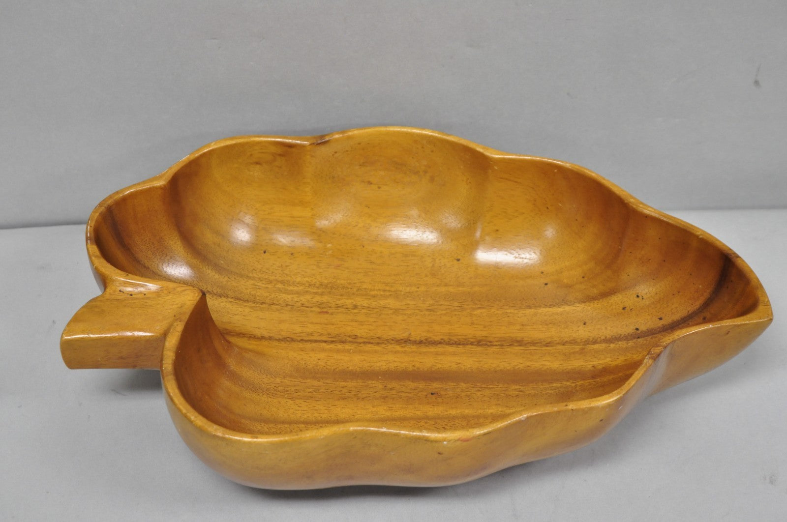 Vintage Mid Century Modern Monkey Pod Carved Koa Wood Banana Leaf 16" Fruit Bowl