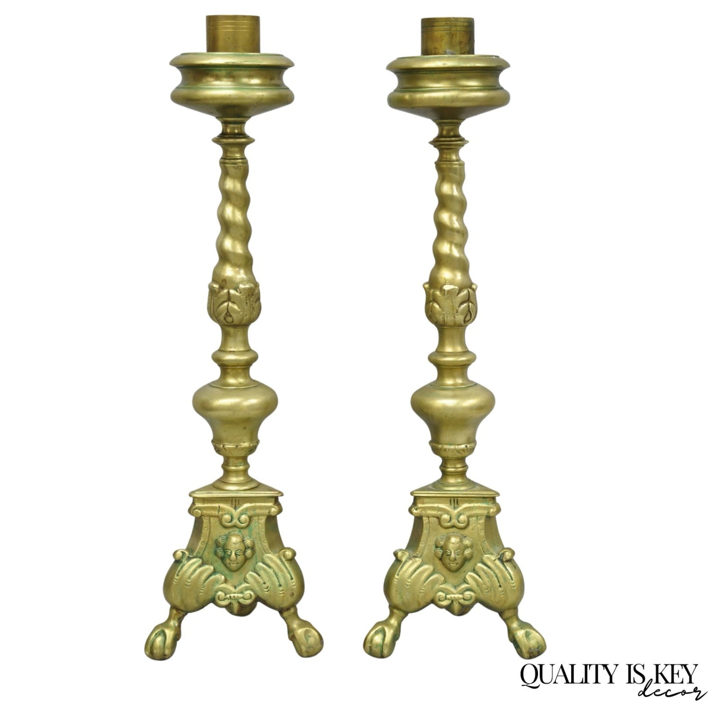Vintage French Renaissance Brass Figural Candlestick Pricket Candleholder a Pair