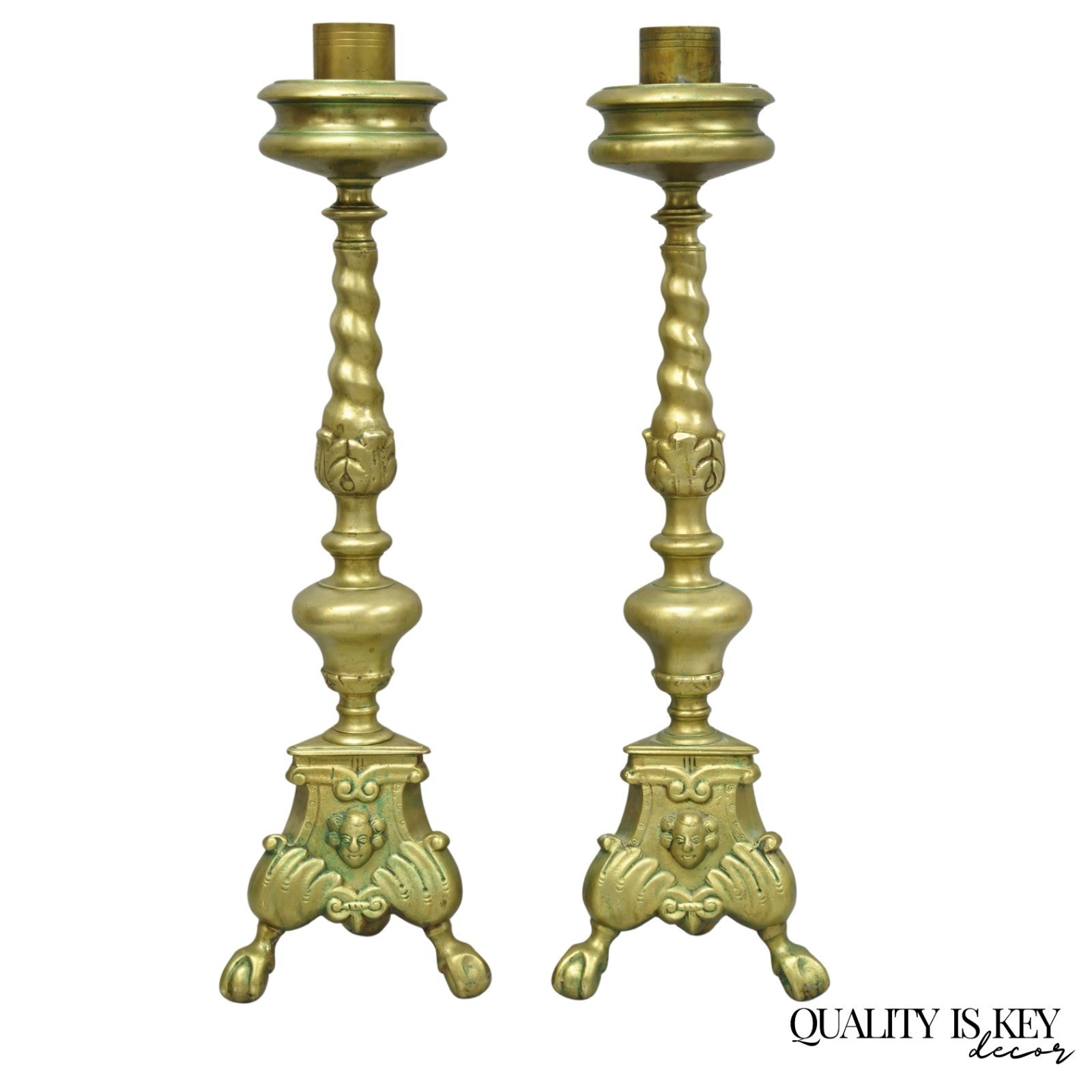 Vintage French Renaissance Brass Figural Candlestick Pricket Candleholder a Pair