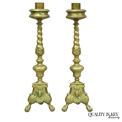 Vintage French Renaissance Brass Figural Candlestick Pricket Candleholder a Pair