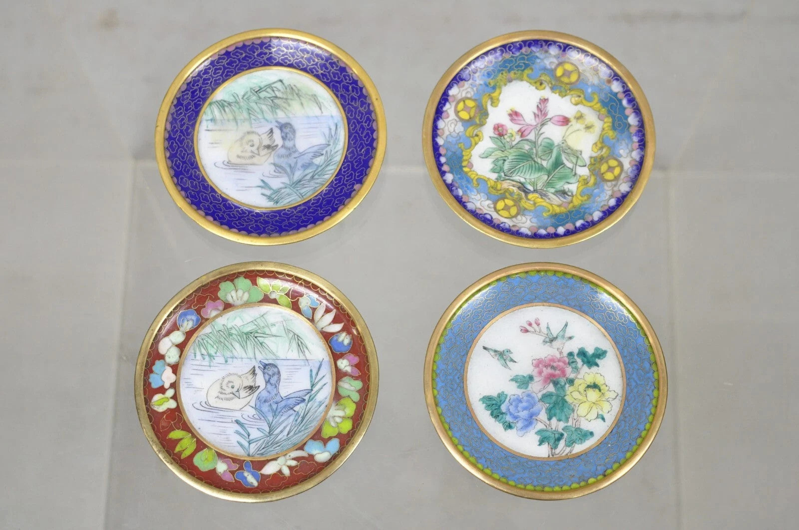 Vintage Chinoiserie Brass Enamel Cloisonne Small Trinket Dish - Set of 4