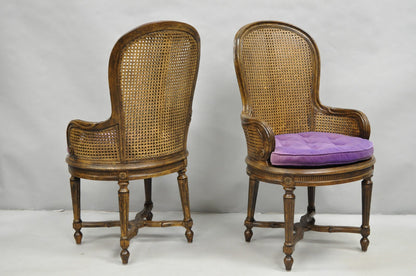 Vintage French Louis XVI Style Cane Balloon Back Walnut Arm Chairs - a Pair