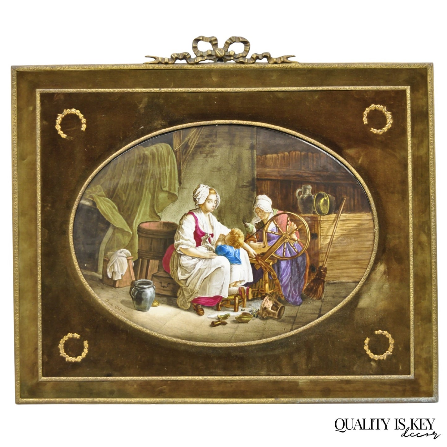 Antique French Painted Porcelain Framed Wall Plaque Signed Jean-Baptiste Greuze