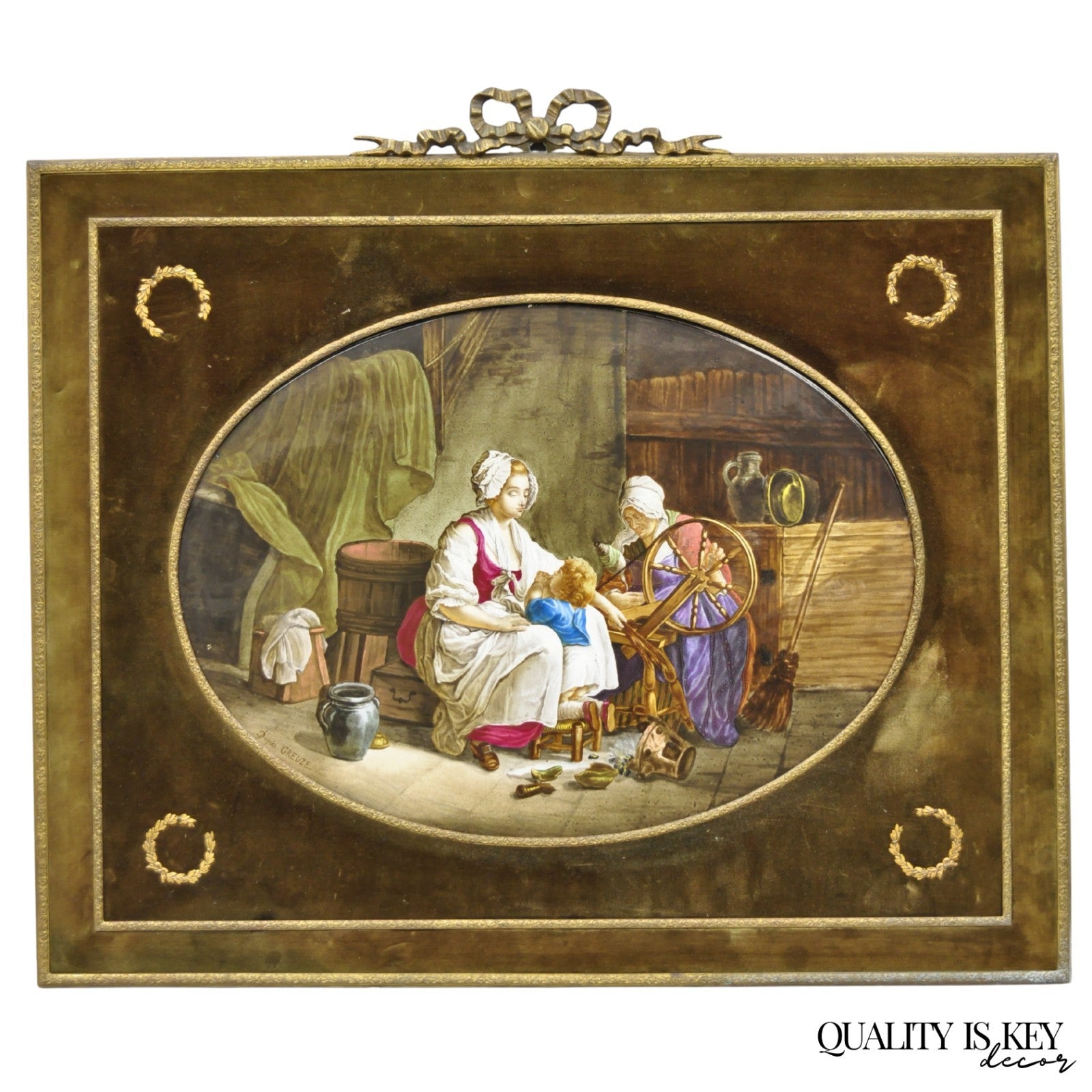 Antique French Painted Porcelain Framed Wall Plaque Signed Jean-Baptiste Greuze