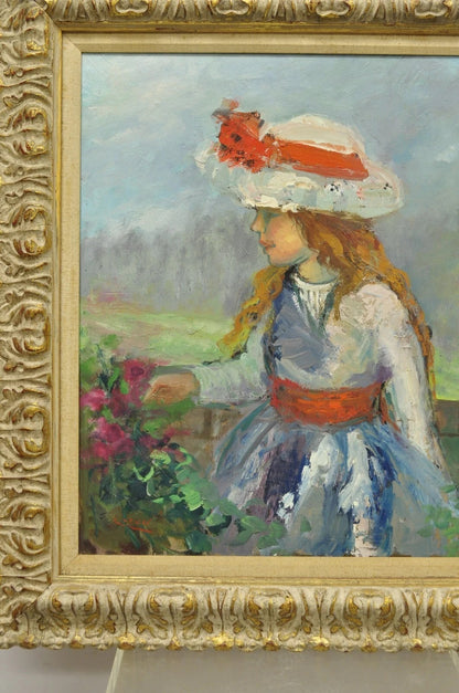 Zaza Meuli (b. 1892) Oil on Canvas Impressionist Painting Girl in Hat Orange Bow