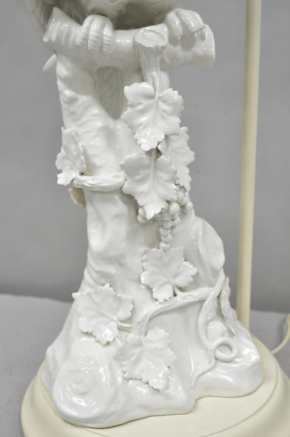 Antique Italian Blanc de Chine White Porcelain Perched Cockatoo Bird Table Lamp