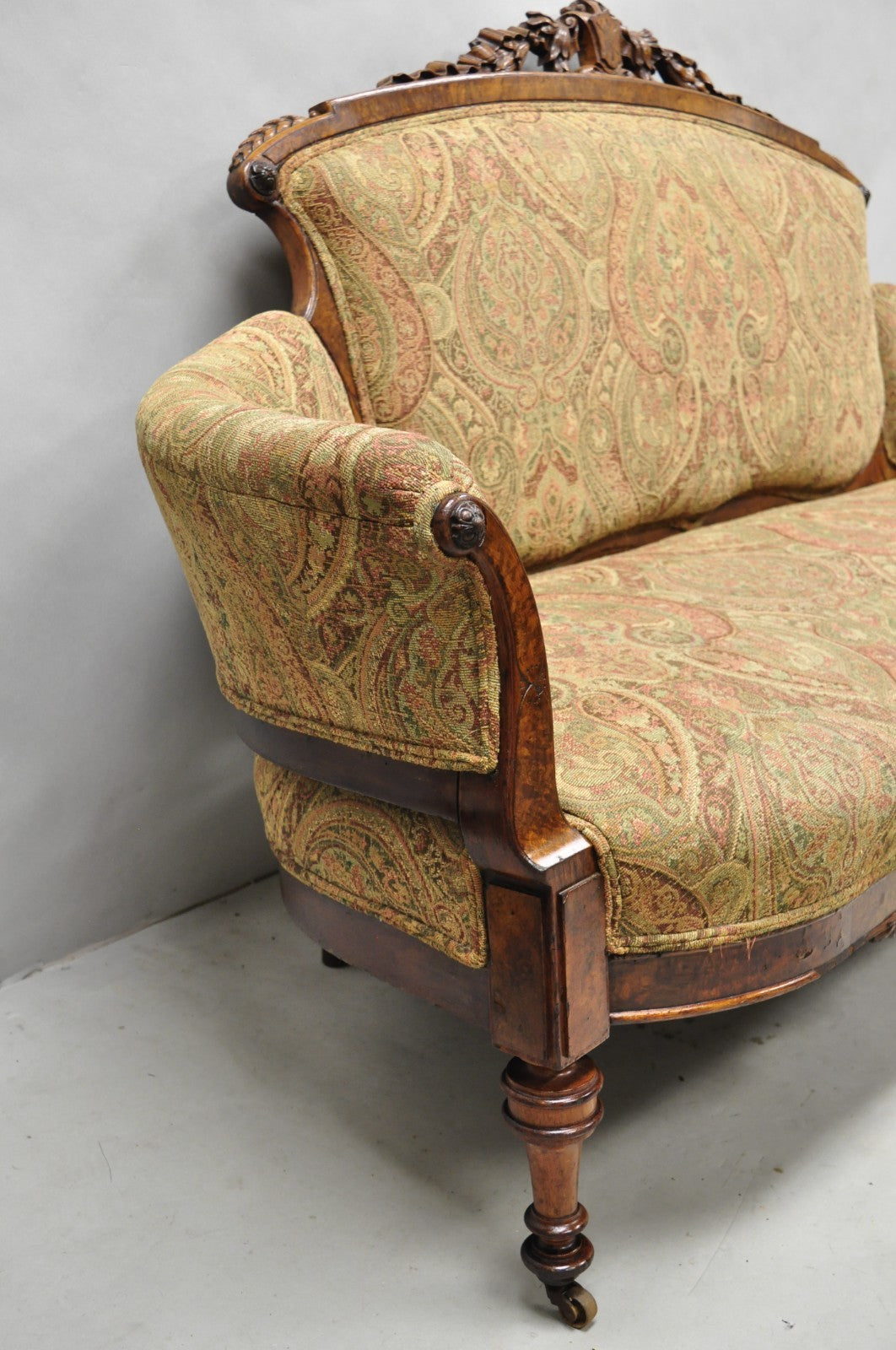 Antique Eastlake Victorian Carved Burl Walnut Parlor Set Sofa & 2 Chairs - 3 Pcs