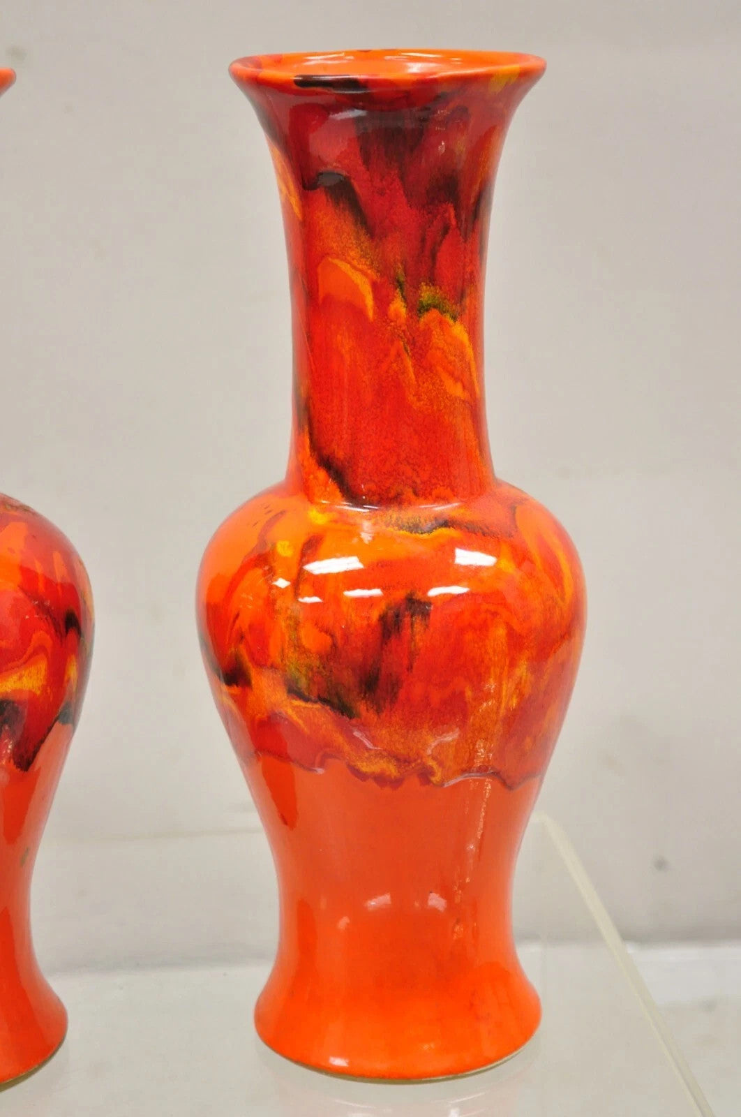 Vintage Red Lava Drip Glazed Mid Century Modern Ceramic Pottery Vessel Vase Pair