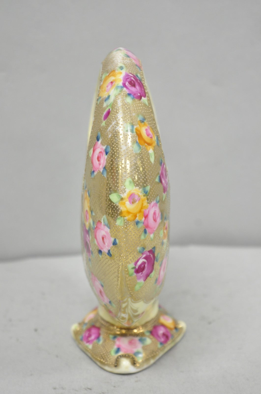 Antique Japanese Nippon Hand Painted Porcelain Gold Gilt Handle Moon Basket Vase