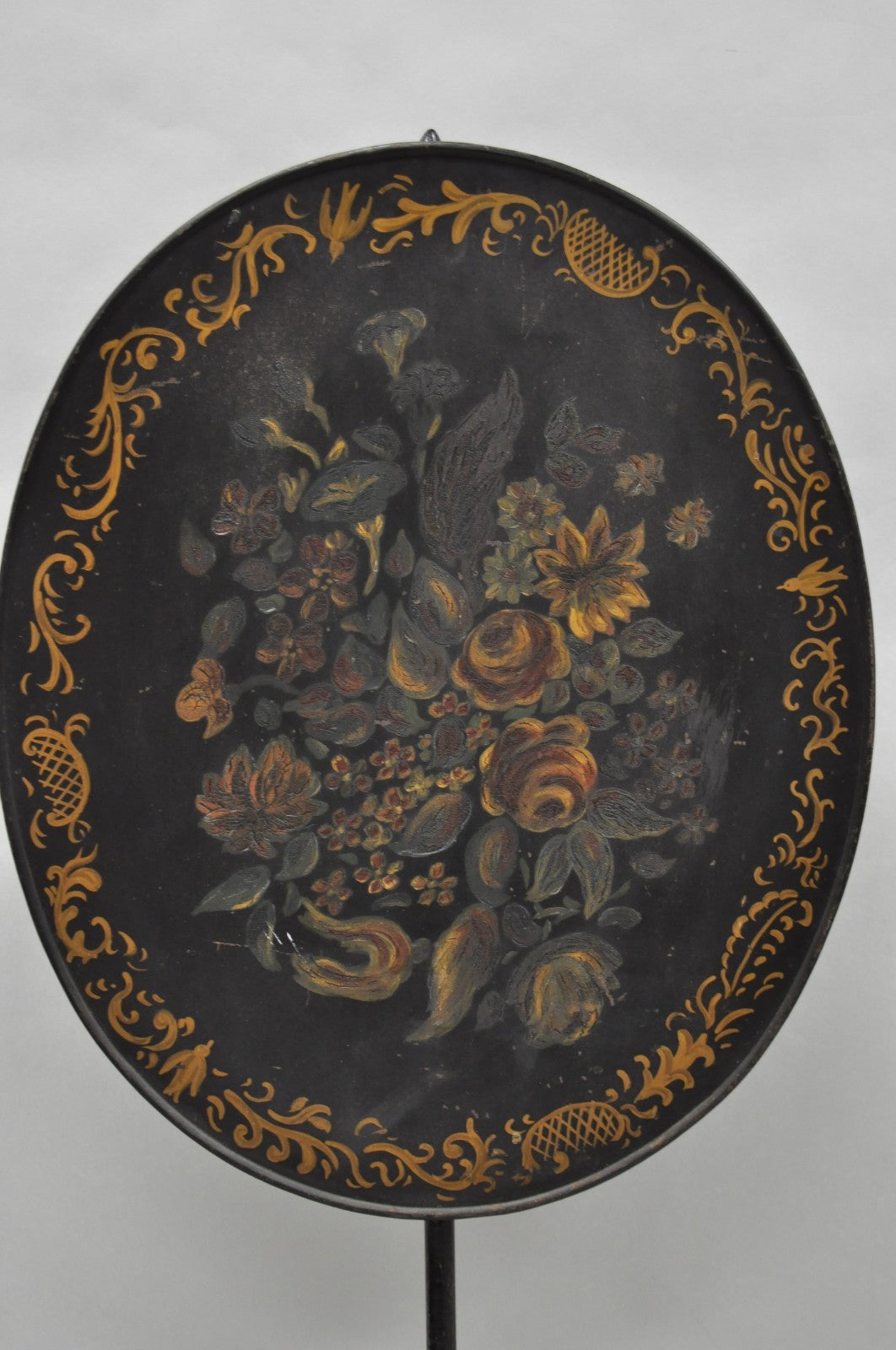 Antique French Victorian Tole Metal Hand Painted Floral Adjustable Firescreen