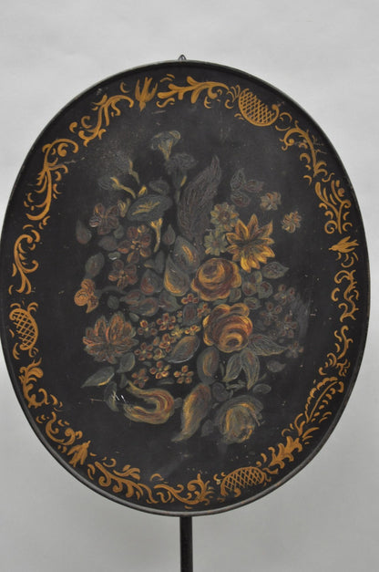 Antique French Victorian Tole Metal Hand Painted Floral Adjustable Firescreen