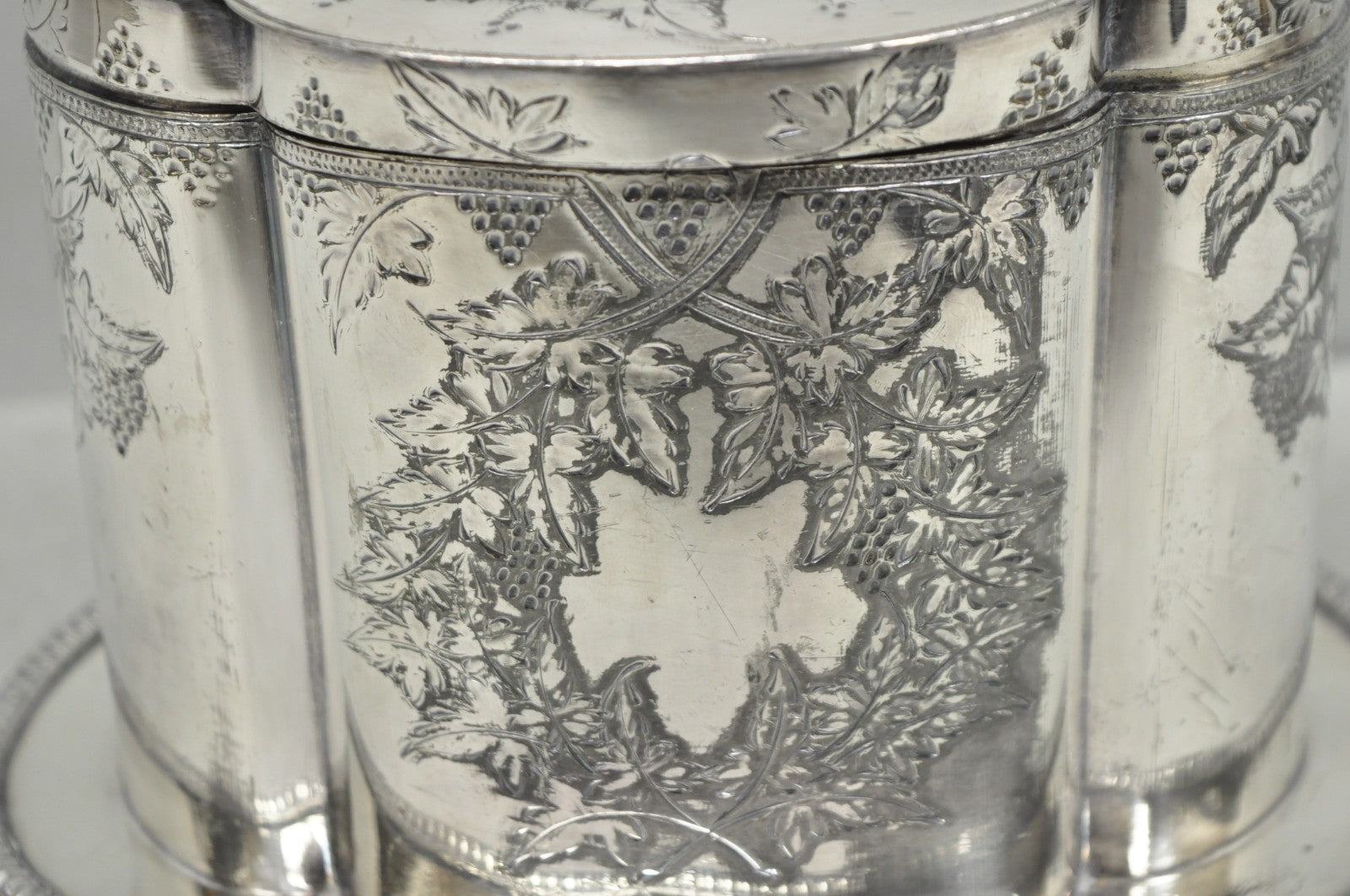 Antique Victorian Silver Plated Etched Footed Hinged Biscuit Barrel Jar on Stand