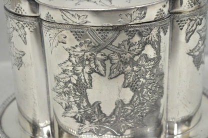 Antique Victorian Silver Plated Etched Footed Hinged Biscuit Barrel Jar on Stand