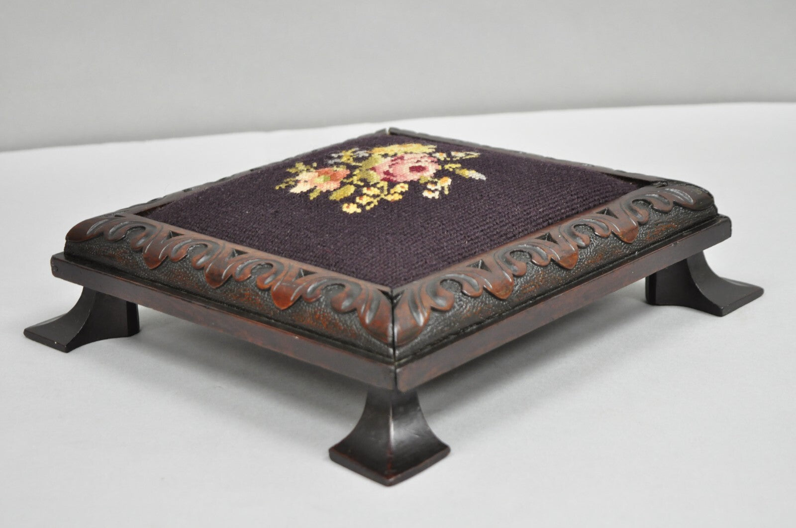 Antique Victorian Carved Solid Mahogany Floral Needlepoint Low Footstool Ottoman