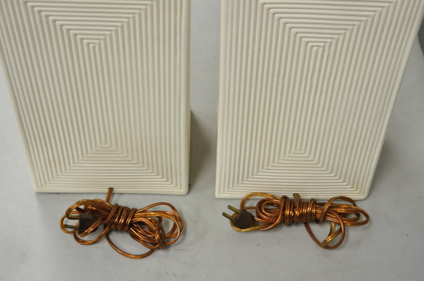 Vintage Mid Century Modern White Geometric Ceramic Cubist Table Lamps - a Pair
