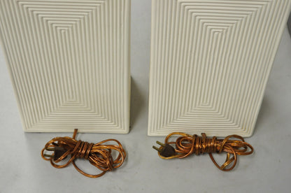 Vintage Mid Century Modern White Geometric Ceramic Cubist Table Lamps - a Pair