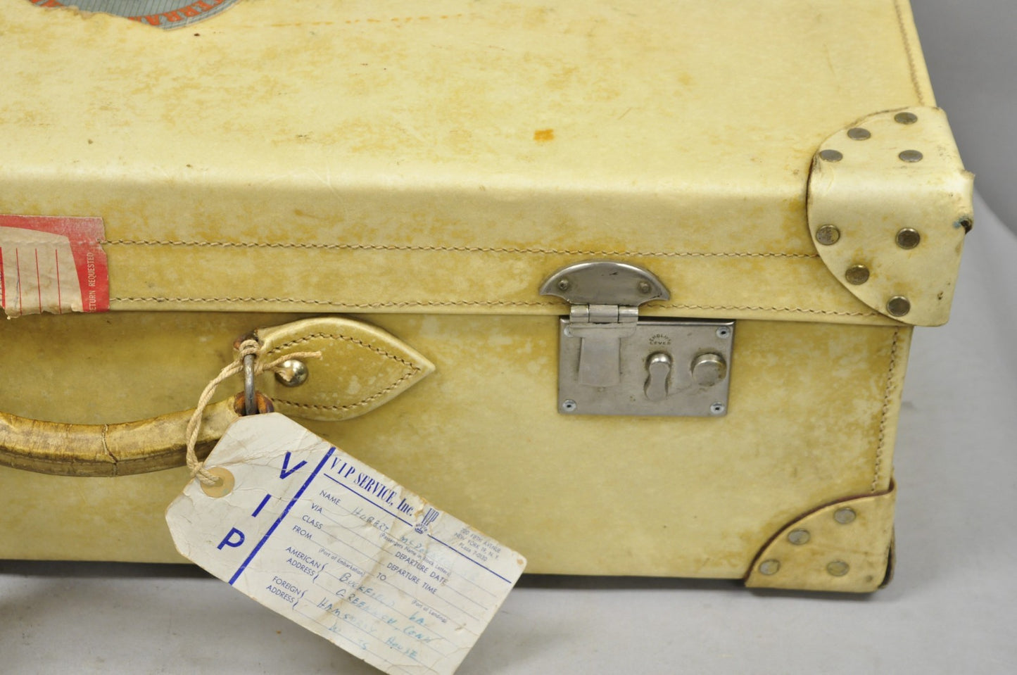 Antique 1930s French Vellum Parchment Large 30" Cream Hard Case Suitcase Luggage