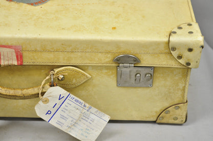 Antique 1930s French Vellum Parchment Large 30" Cream Hard Case Suitcase Luggage