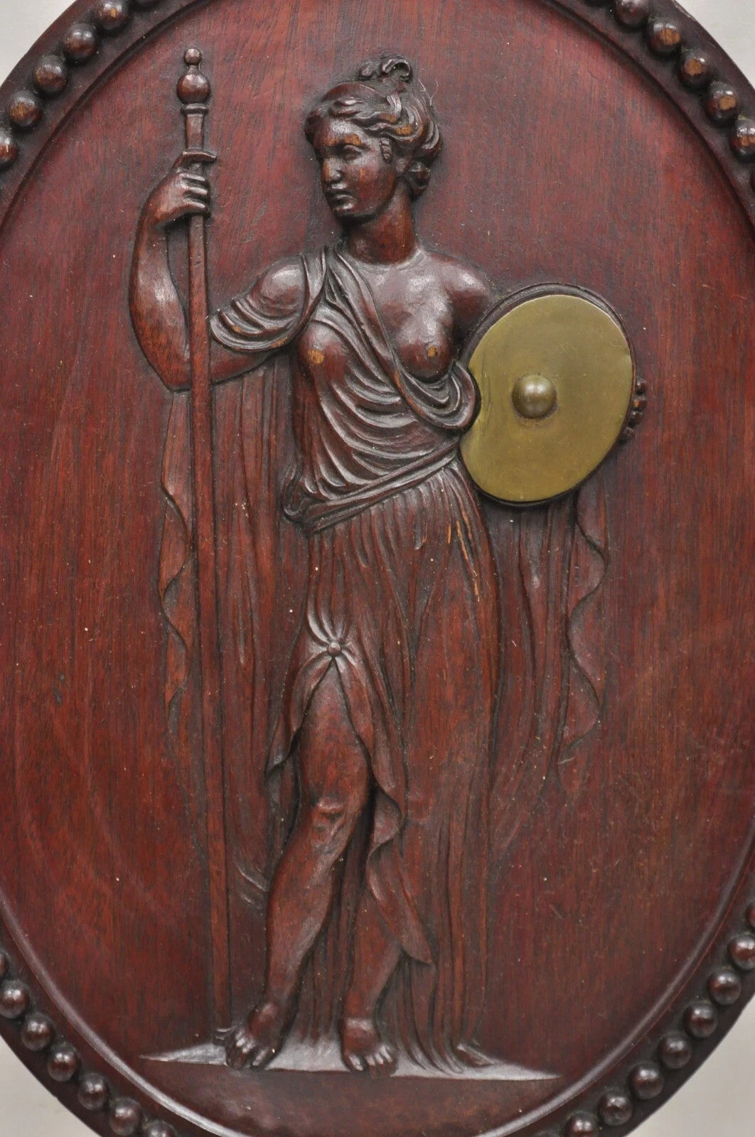 Antique Classical Oval Carved Mahogany Figural Goddess Wall Sculpture Plaque