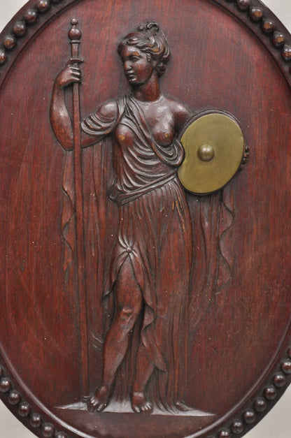 Antique Classical Oval Carved Mahogany Figural Goddess Wall Sculpture Plaque