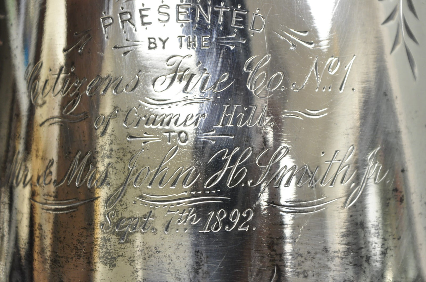 Antique Meriden Victorian Lrg Silver Plated Floral Etched Pitcher, Engraved 1892