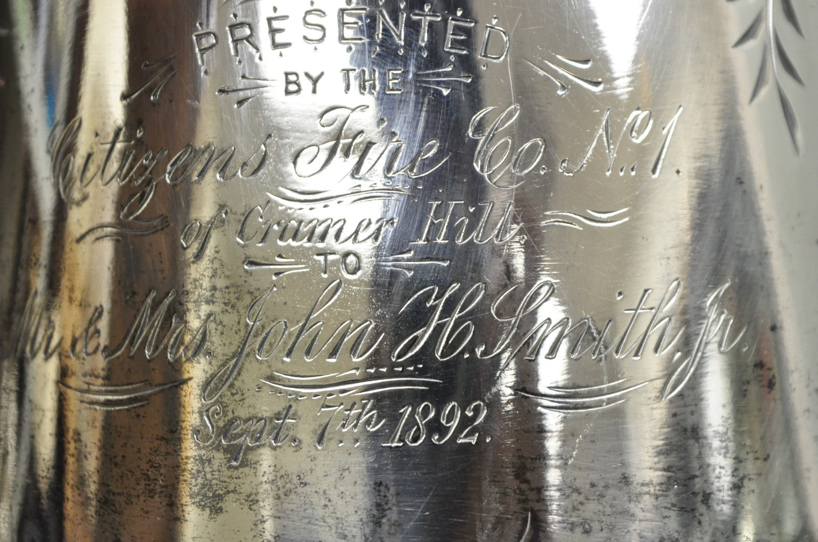 Antique Meriden Victorian Lrg Silver Plated Floral Etched Pitcher, Engraved 1892