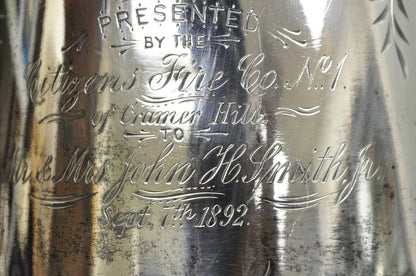 Antique Meriden Victorian Lrg Silver Plated Floral Etched Pitcher, Engraved 1892