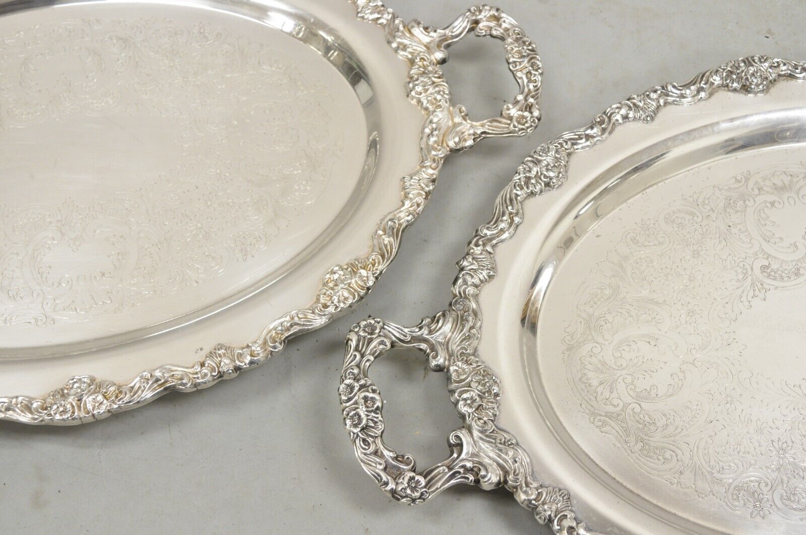 Vintage Sheridan Victorian Floral Repousse Silver Plated Oval Tray - a Pair