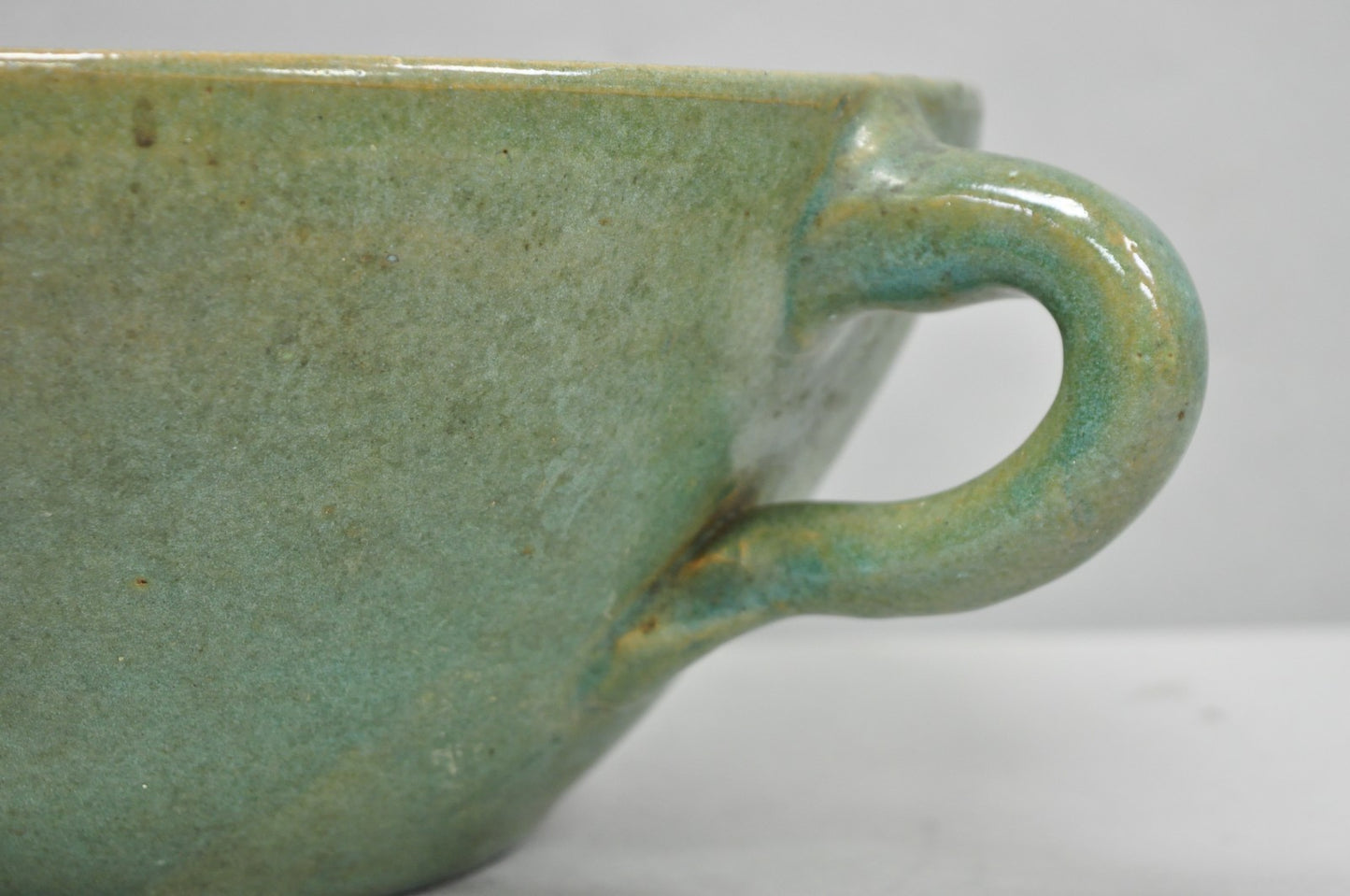 Vintage Primitive Green Glazed Ceramic Pottery Large Mixing Bowl w Handle