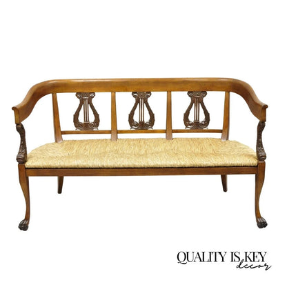 Vintage Italian Neoclassical Cherry Wood Dolphin Lyre Carved Rush Seat Bench