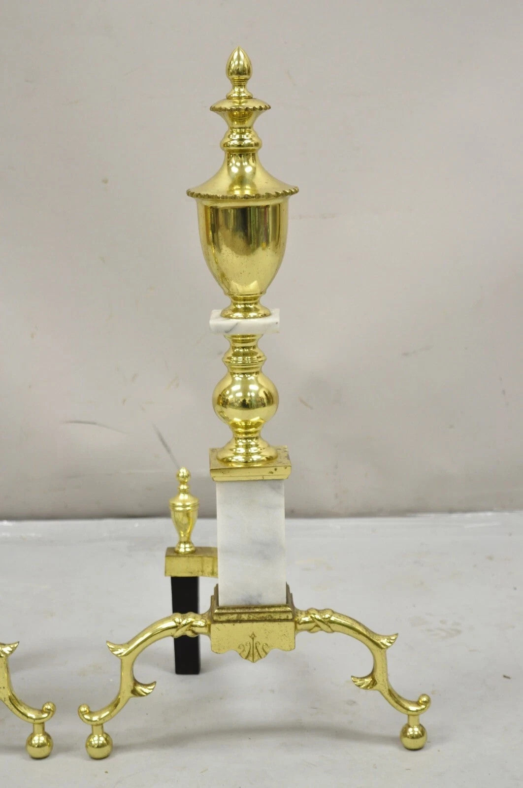 Vintage Brass Urn & Marble Federal Style Branch Leg Fireplace Andirons - a Pair