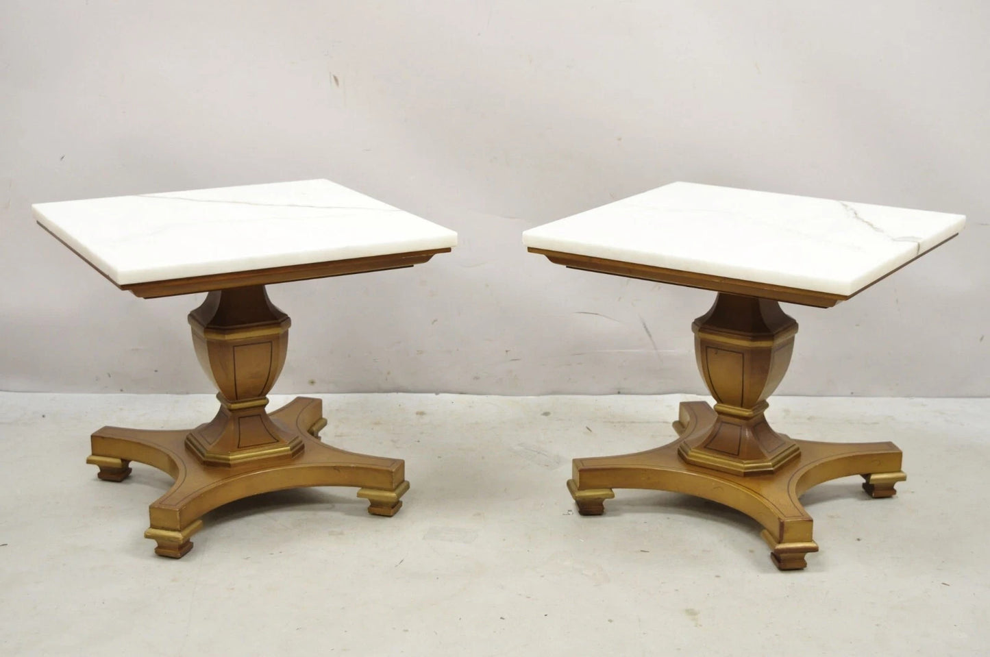 Vintage Empire Style Low Marble Top Pedestal Base Side Tables by Imperial - Pair
