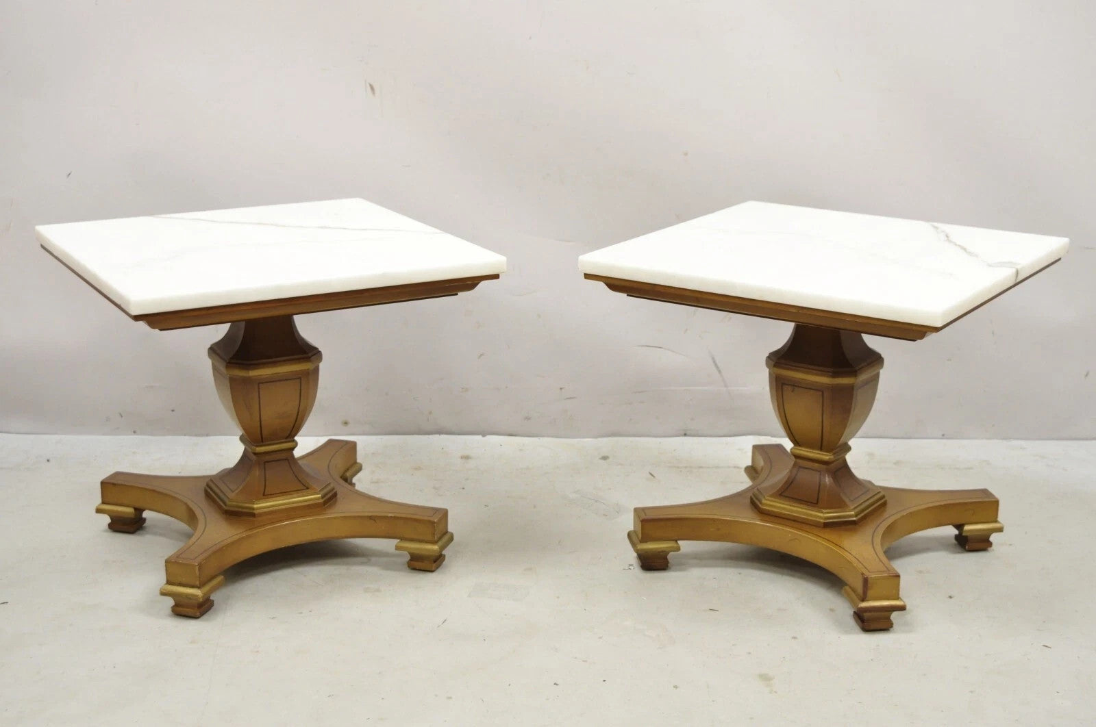 Vintage Empire Style Low Marble Top Pedestal Base Side Tables by Imperial - Pair