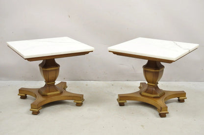Vintage Empire Style Low Marble Top Pedestal Base Side Tables by Imperial - Pair
