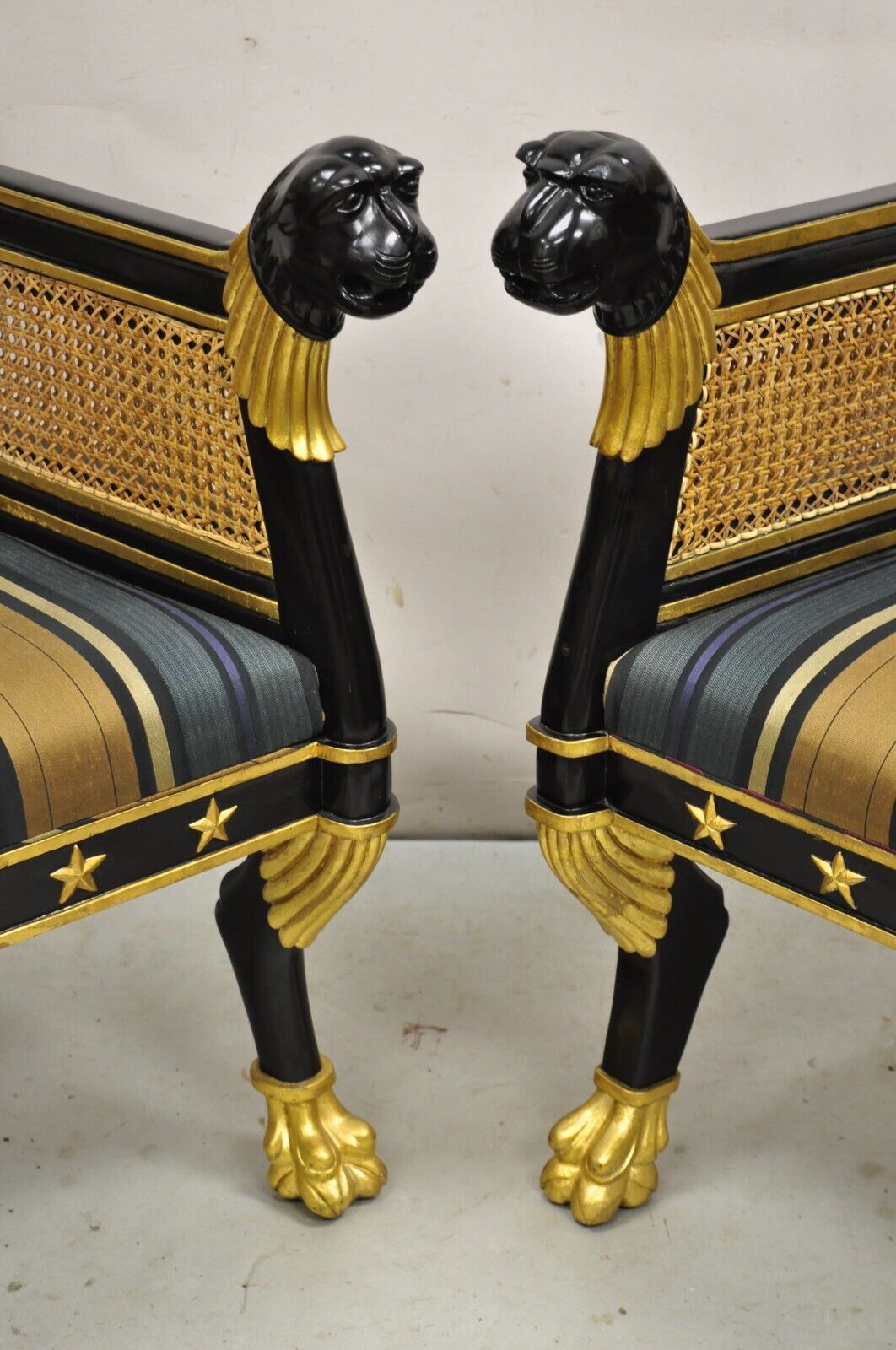 Egyptian Revival Regency Black Ebonized Gold Gilt Lion Head Throne Chairs - Pair