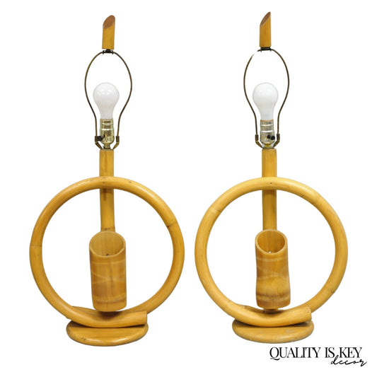 Vinatge Mid Century Modern Bentwood Bamboo Tiki Rattan Hoop Table Lamps - a Pair