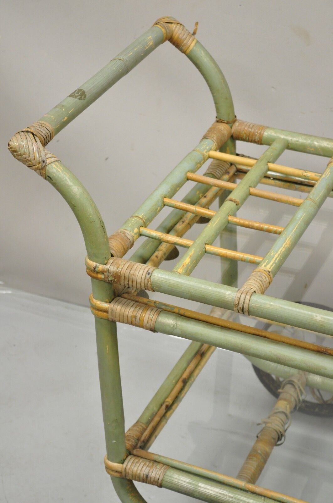 Vintage Boho Chic Bamboo Rattan Bentwood Green 2 Tier Rolling Bar Cart Server