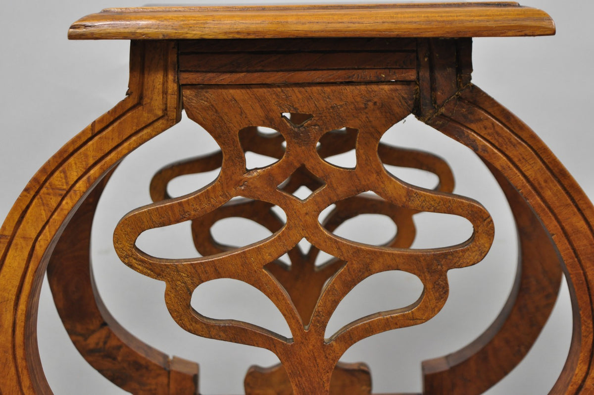 Vintage French Art Nouveau Style Carved Teak Pedestal Plant Stand Side Table