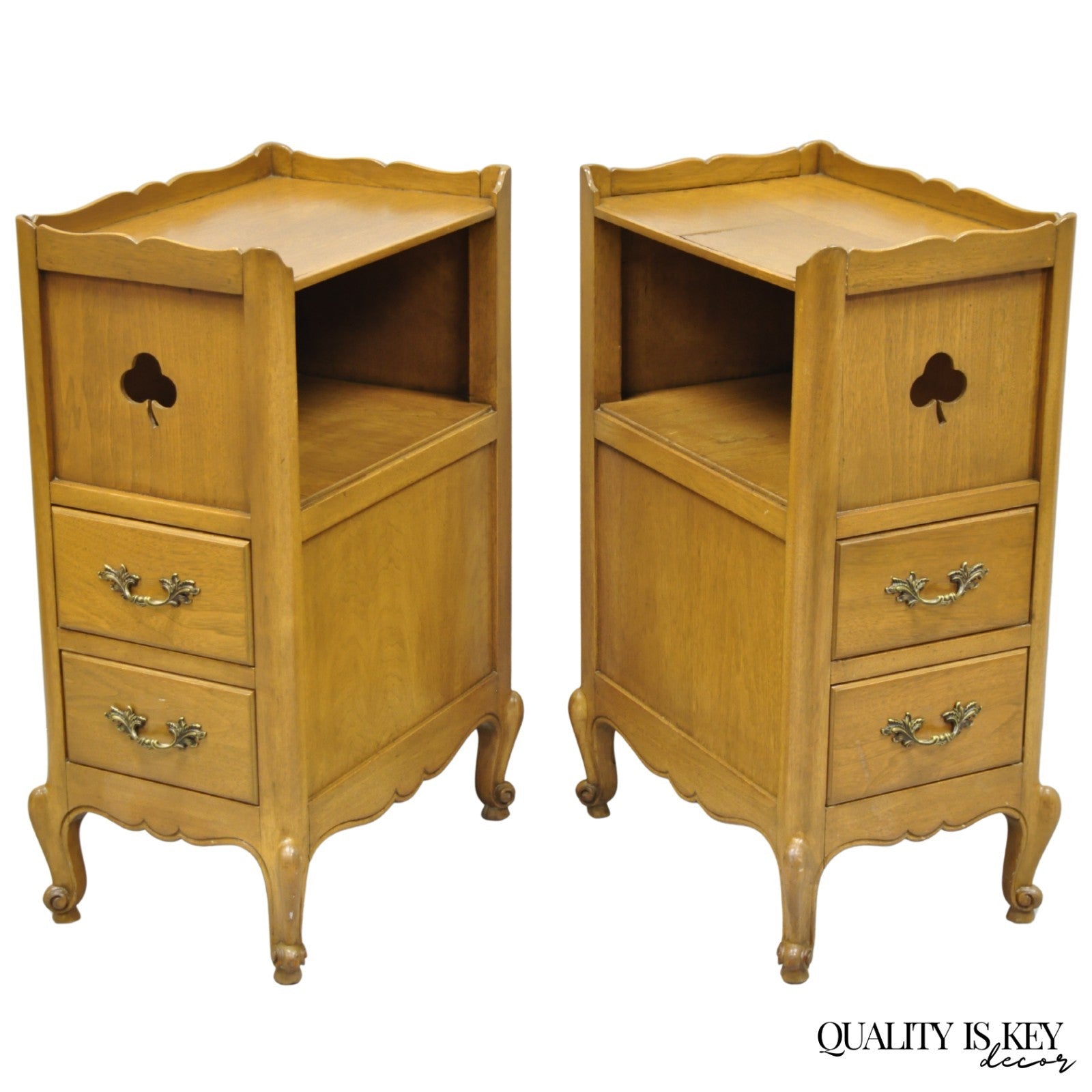 Vintage French Country Provincial Walnut Nightstand Bedside Table w/ Cubby, Pair