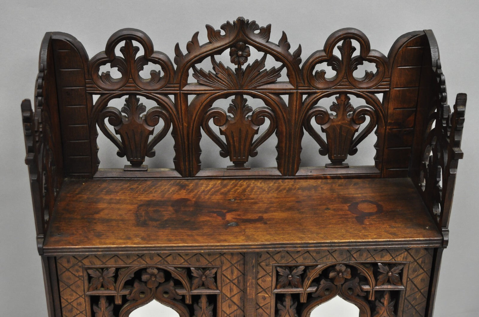 Antique Gothic Arts & Crafts Black Forest Walnut Carved Small Wall Curio Cabinet