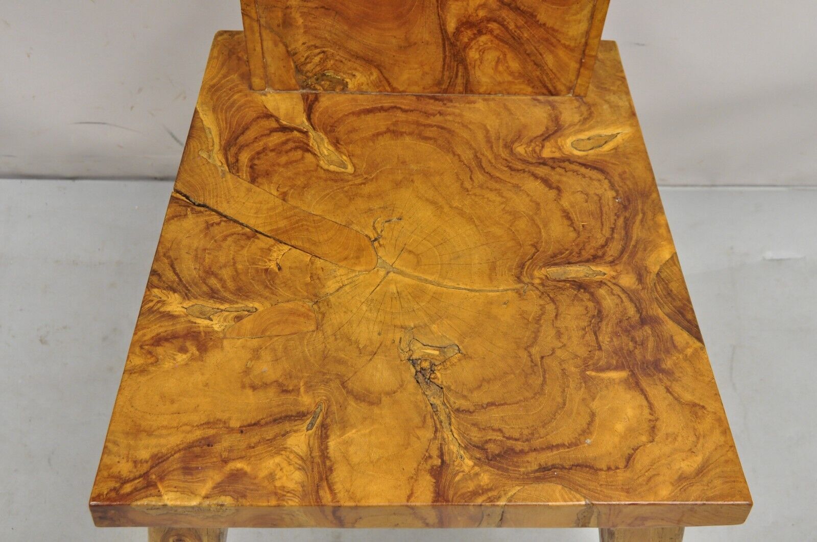 Indonesian Carved Solid Burl Wood Slab Continental Figural Side Chairs - a Pair