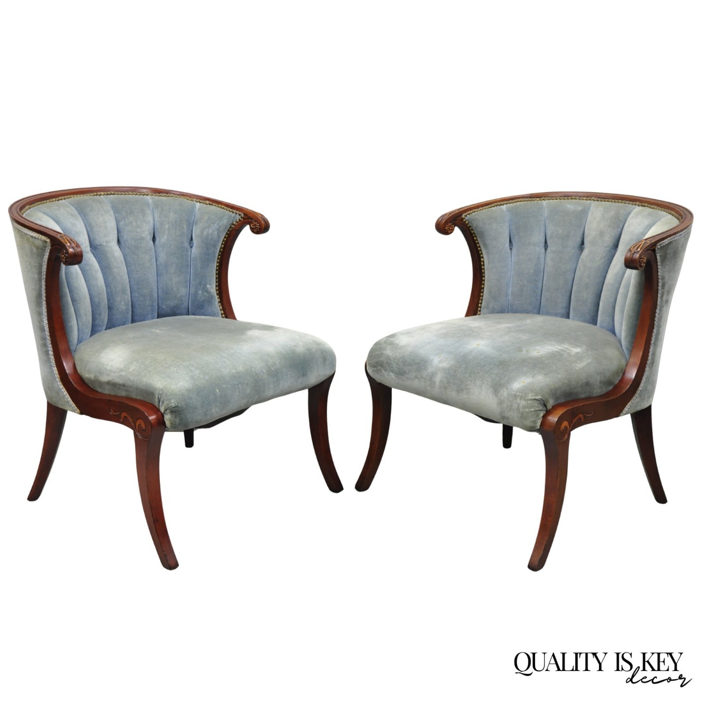 Vintage French Hollywood Regency Mahogany Saber Leg Parlor Lounge Chair - a Pair