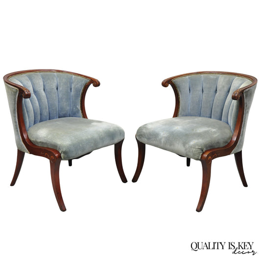 Vintage French Hollywood Regency Mahogany Saber Leg Parlor Lounge Chair - a Pair