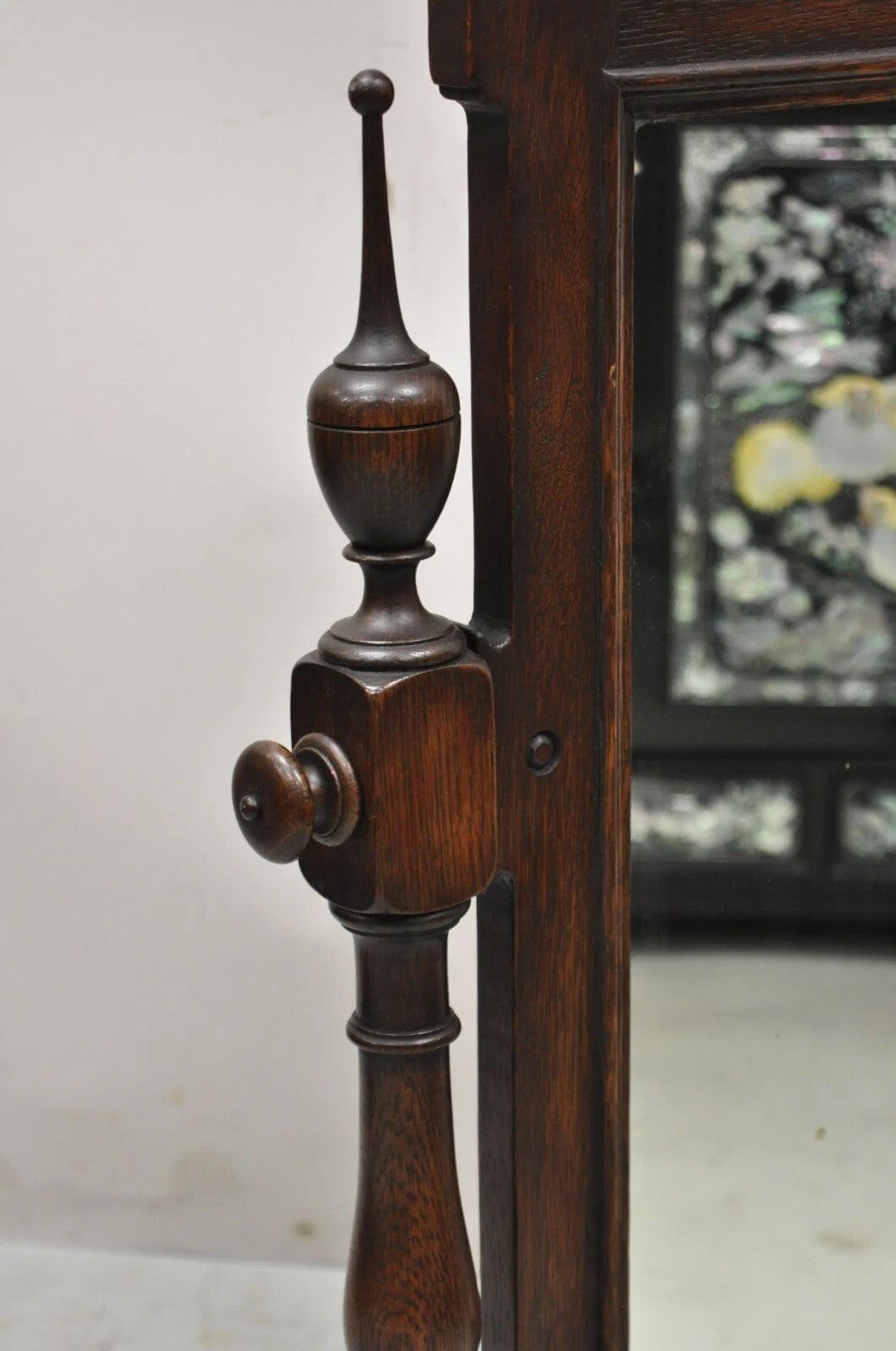 Antique Jacobean Style Carved Oak Wood Pivoting Dresser Shaving Table Top Mirror