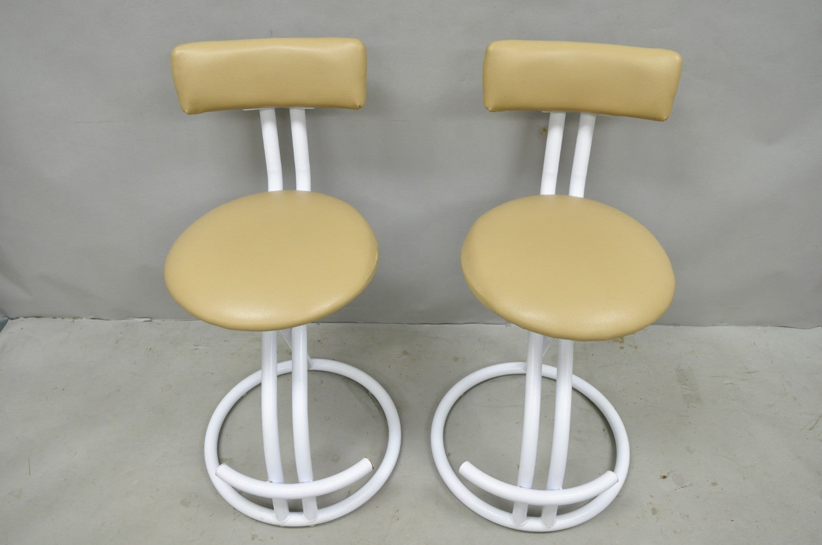 Vintage Postmodern Memphis Style White Tubular Metal Swivel Bar Stools  - a Pair