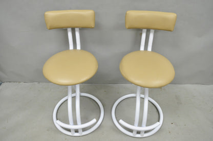 Vintage Postmodern Memphis Style White Tubular Metal Swivel Bar Stools  - a Pair