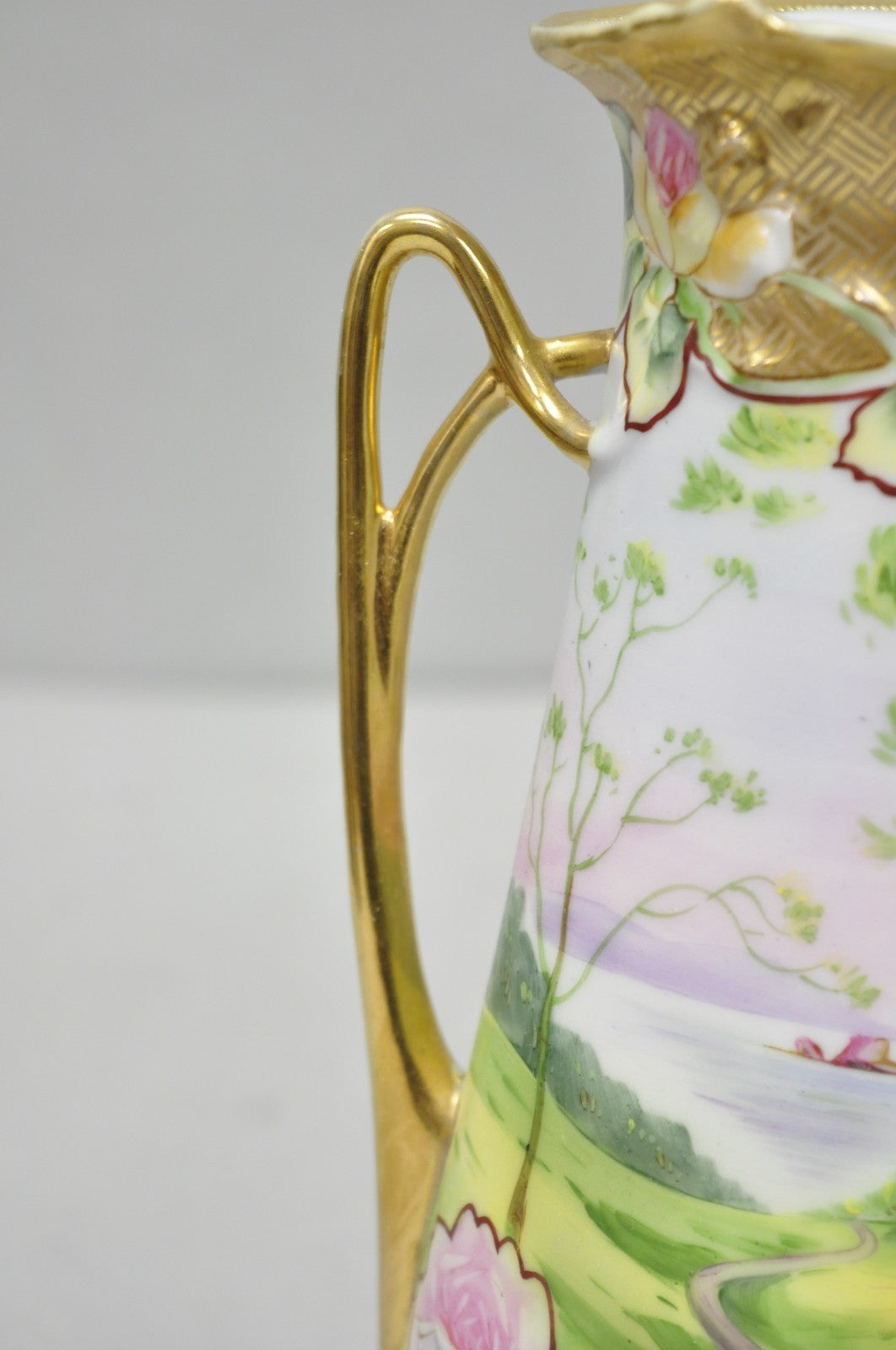 Antique Nippon Hand Painted Porcelain Twin Handle Vase w /Flowers & Lake Scene